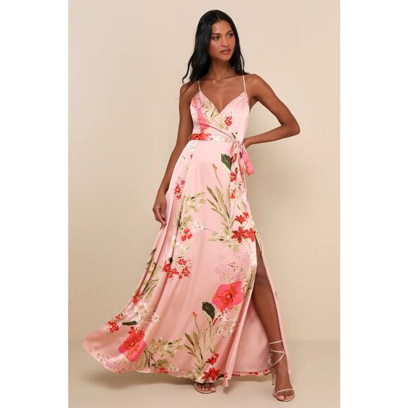 Lulus Still the One Blush Pink Floral Print Satin Maxi Dress - SM - Picture 1 of 4